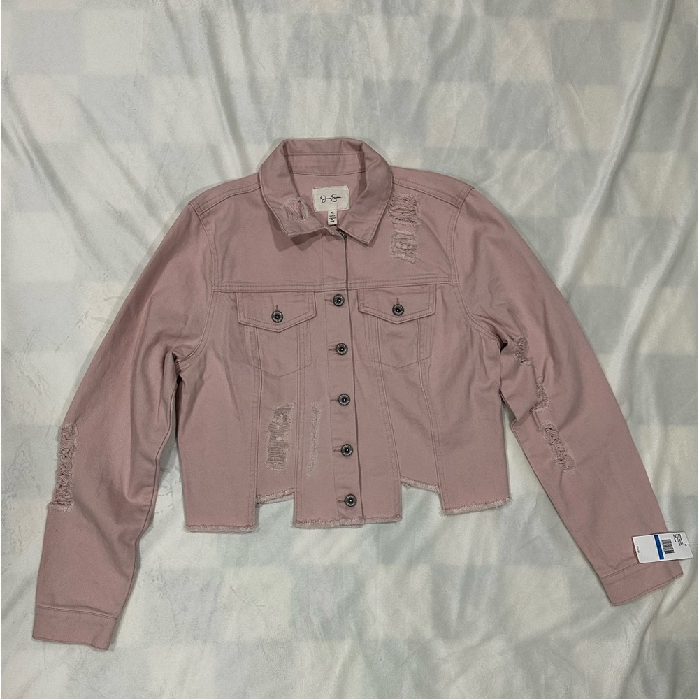 NWT Jessica Simpson Denim Distressed Cropped Jean Jacket Rose Women Size XL